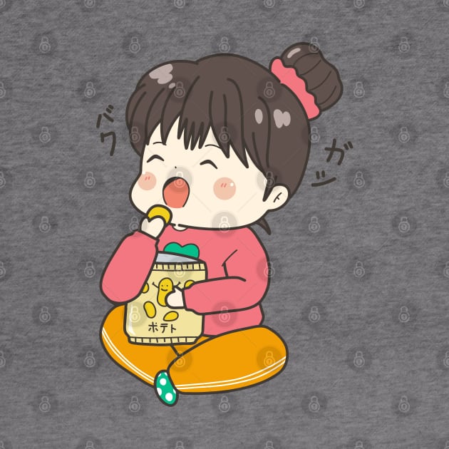 Kawaii Drawing of an Anime Chibi Girl Relaxing Eating Chips by MariOyama